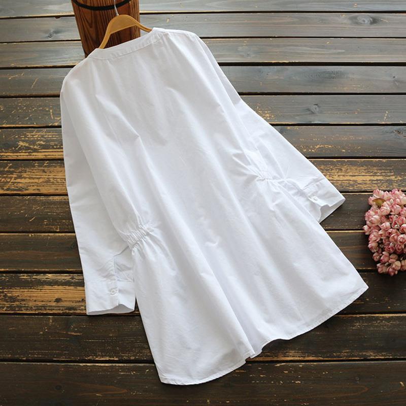 純棉寬鬆顯瘦圓領收腰時尚休閒復古襯衫-HaloBless