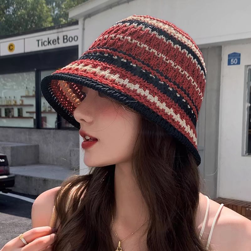 防曬薄款時尚百搭拼色鏤空透氣漁夫帽-HaloBless