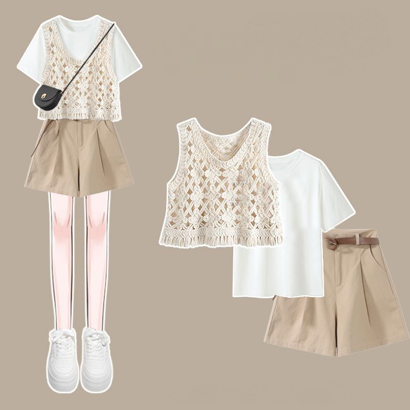 【單件/套裝】洋氣鏤空背心短袖顯瘦休閒短褲三件套裝-HaloBless