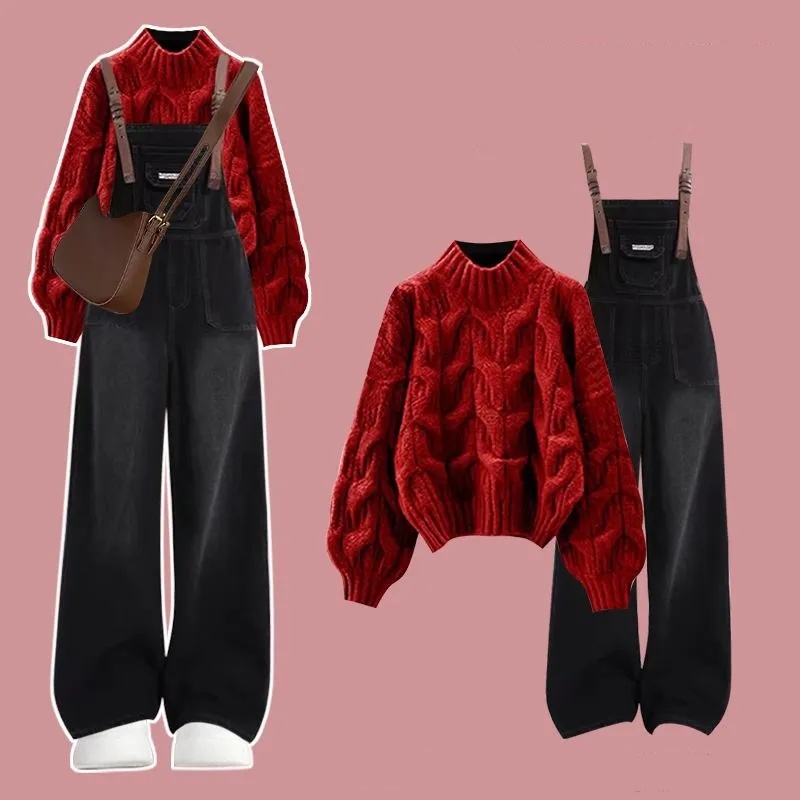 【整套】小眾通勤毛衣搭高級感背帶褲兩件套