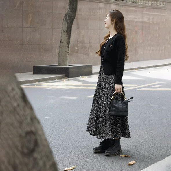 【單件/套裝】法式氣質蝴蝶結別緻針織開衫+修身碎花半身裙兩件套裝-HaloBless