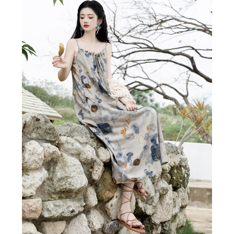 【單件/套裝】氣質油畫風吊帶連身裙+鏤空文藝開衫兩件套裝-HaloBless