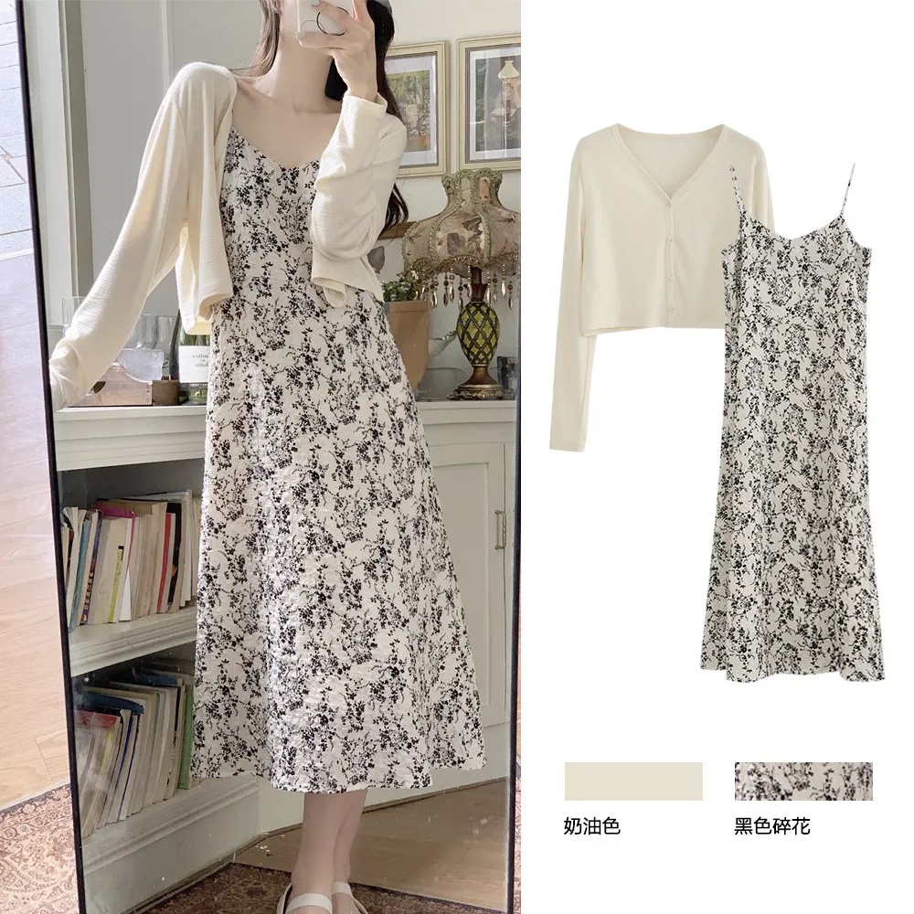 【單件/套裝】新中式碎花吊帶連身裙+針織長袖開衫兩件套裝-HaloBless