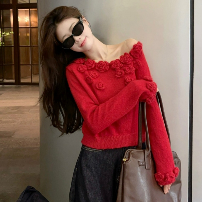 露肩立體花朵花朵設計短版針織衫