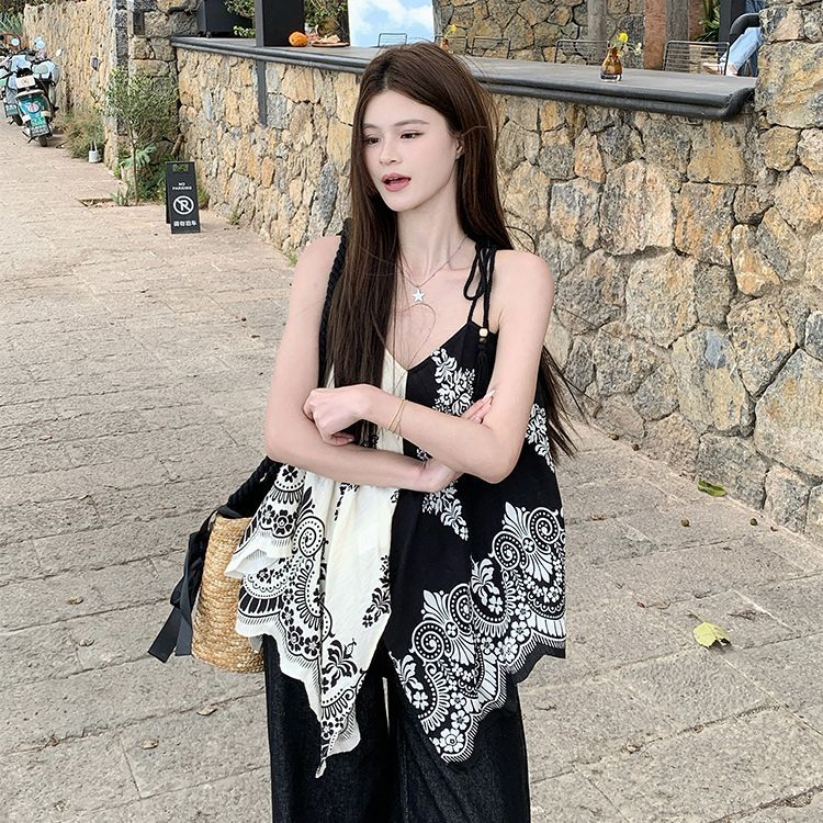 復古印花寬松設計顯瘦新中式度假吊帶洋裝