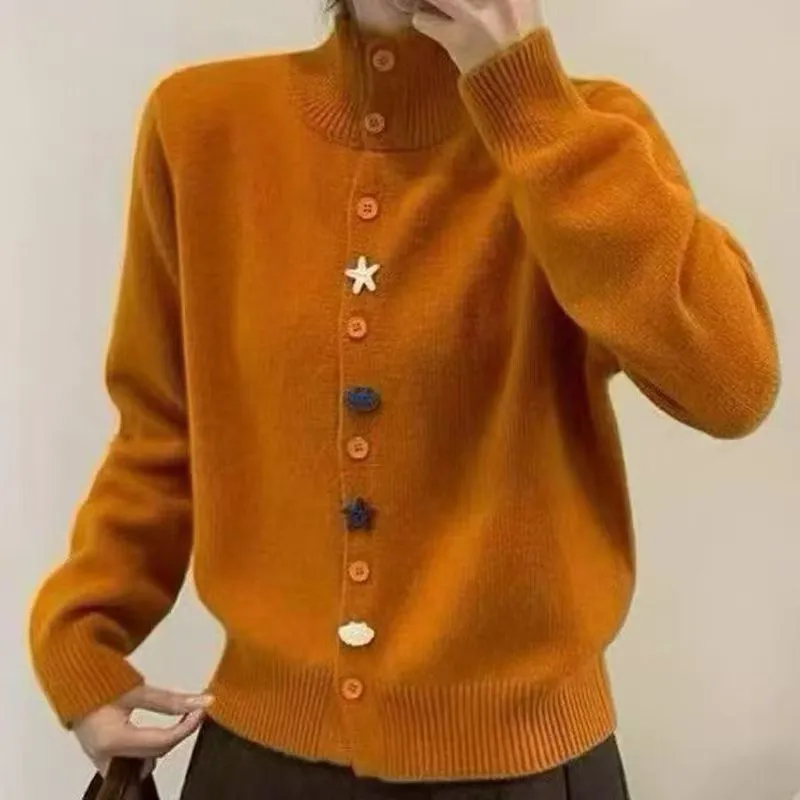 慵懶休閒高領大碼顯瘦減齡海星扣針織開衫