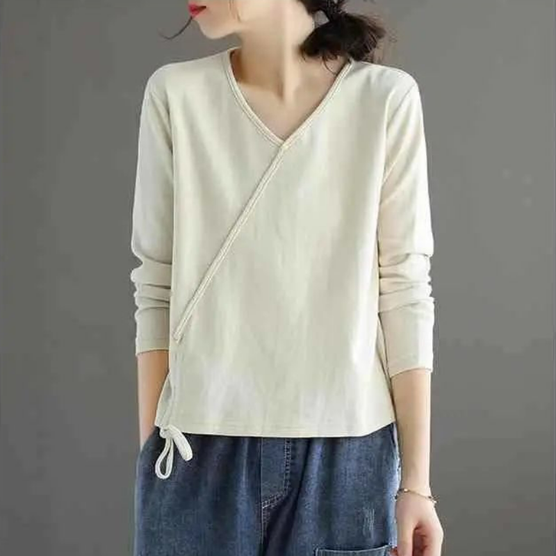 純棉V領休閑百搭抽繩大碼打底衫長袖t恤-HaloBless