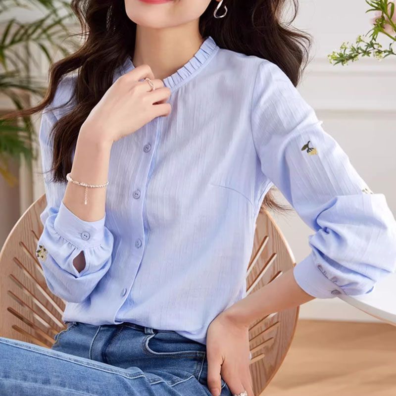 法式木耳邊立領氣質刺繡長袖襯衫-HaloBless