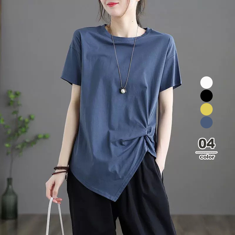 寬鬆大碼不規則圓領素色短袖T恤-HaloBless