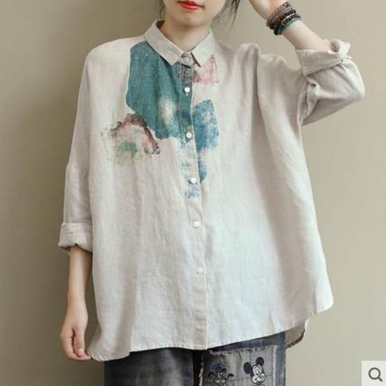 文藝印花長袖大碼寬松百搭棉麻襯衫-HaloBless