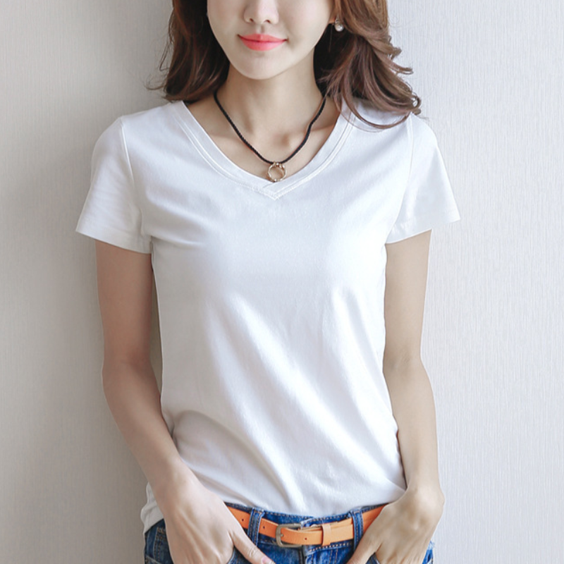 韓版修身棉v領百搭短袖-HaloBless