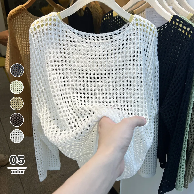 鏤空針織網衫薄款防曬罩衫長袖-HaloBless