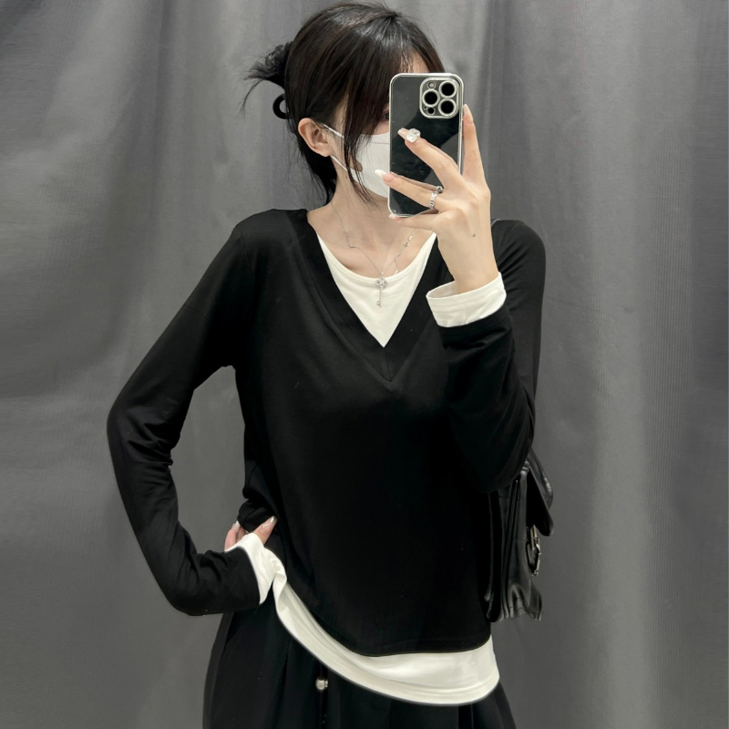 純棉假兩件純慾風內搭修身設計感長袖t恤-HaloBless