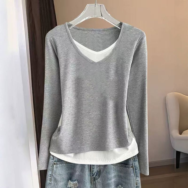 時尚顯瘦假兩件德絨撞色V領長袖T恤