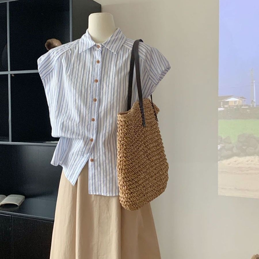 【單件/套裝】時尚通勤休閒減齡polo領條紋短袖襯衫+高腰半身裙兩件套裝