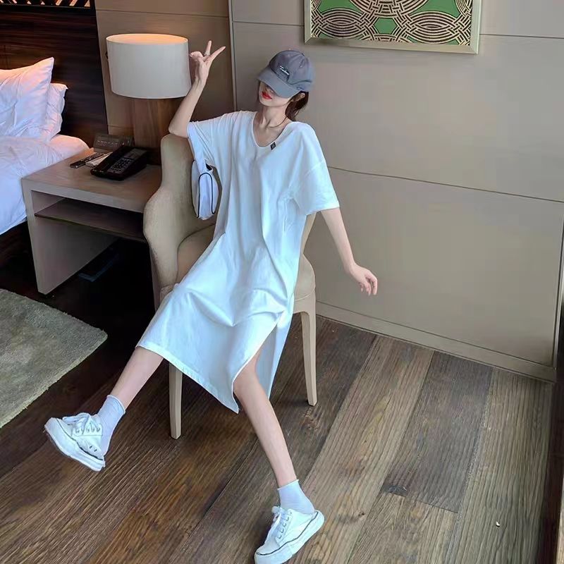 慵懶風大碼素色露背薄款V領短袖洋裝-HaloBless