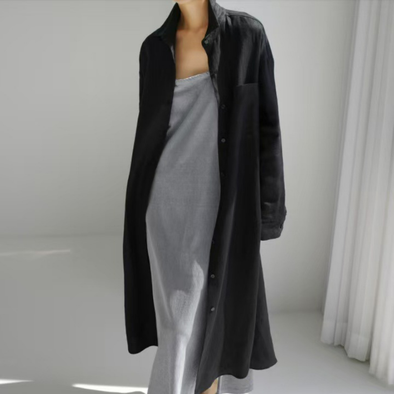 寬鬆休閒文藝顯瘦素色氣質翻領洋裝-HaloBless