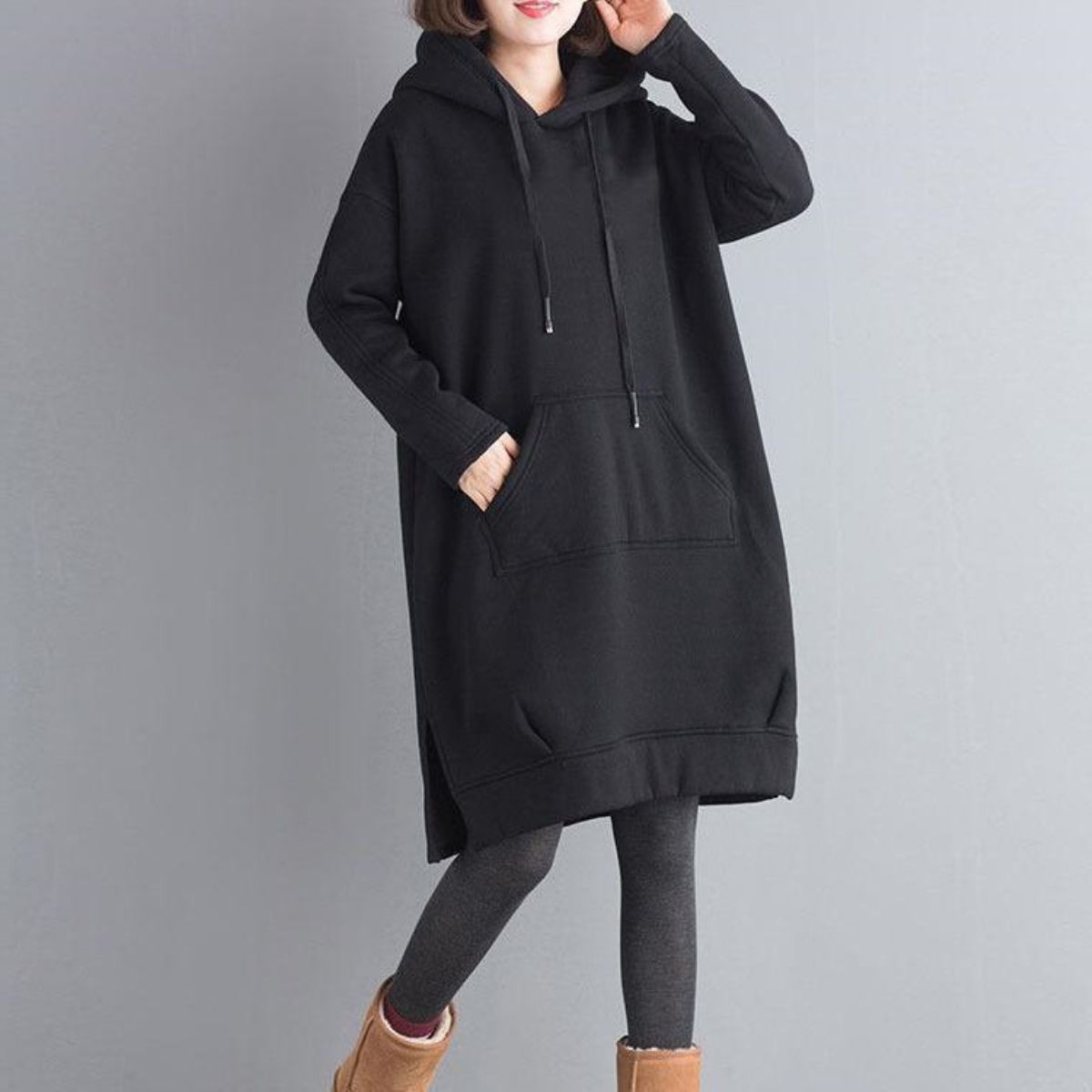 寬鬆刷毛加厚素色開叉中長款連帽T