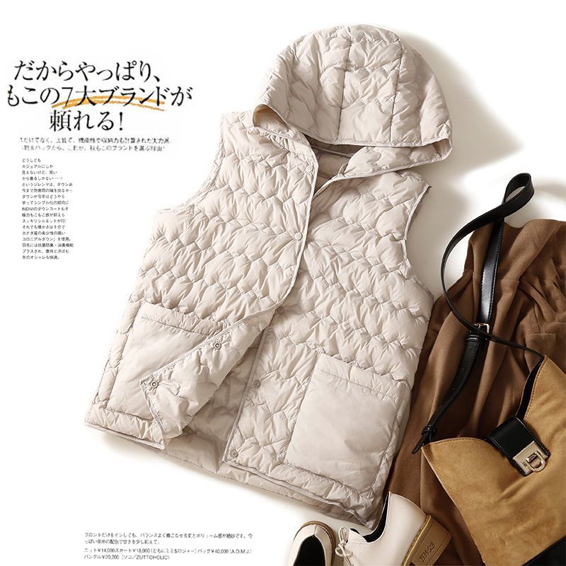 日系輕薄羽絨棉連帽馬甲休閒保暖背心外套-HaloBless