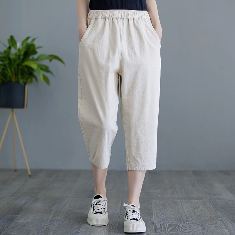 涼感休閒薄款高腰棉麻顯瘦七分哈倫褲