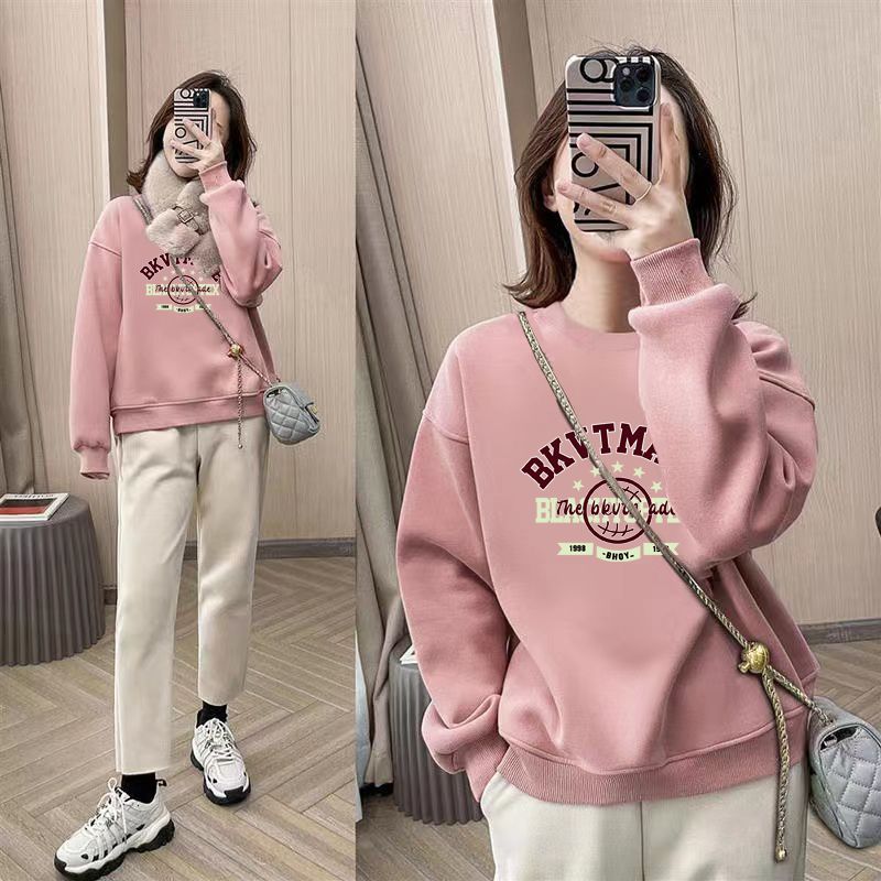 薄款oversize寬鬆印花圓領洋氣大碼長袖T恤