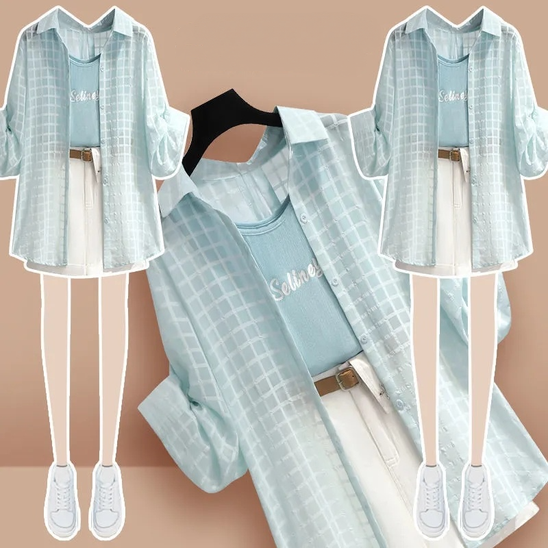 【單件/套裝】雪紡襯衫內搭吊帶牛仔短褲三件套裝-HaloBless