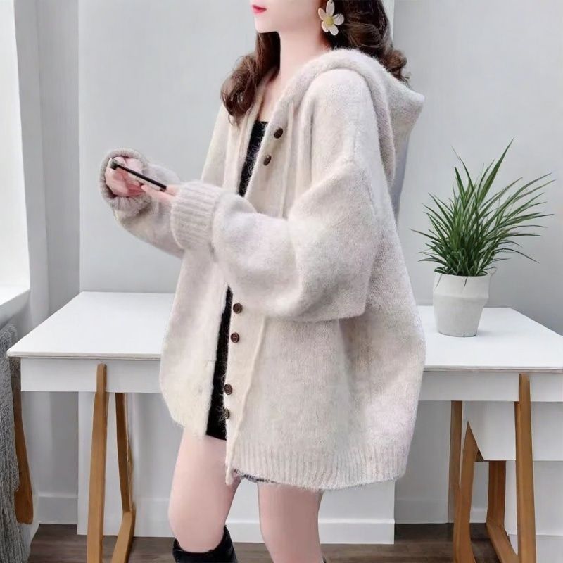 慵懶風百搭韓版寬鬆連帽針織開衫