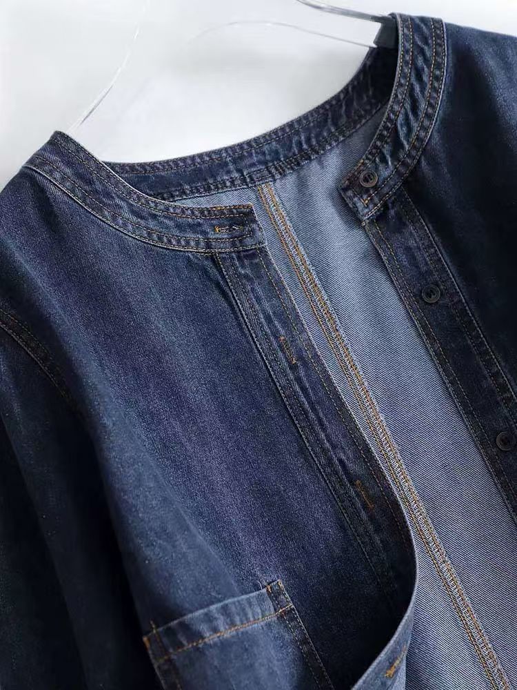 氣質色時尚休閒通勤藍色牛仔開衫短款外套-HaloBless