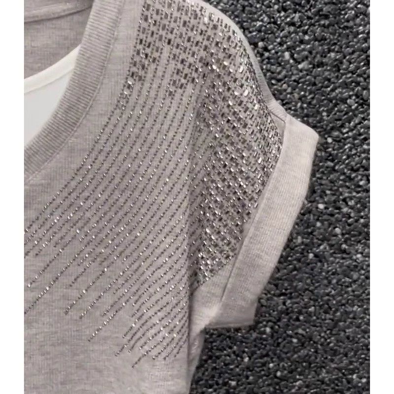 燙鑽撞色假兩件氣質收腰顯瘦V領T恤-HaloBless