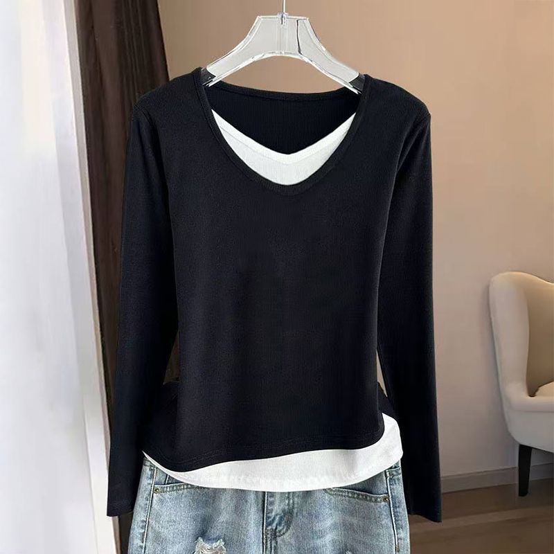時尚顯瘦假兩件德絨撞色V領長袖T恤