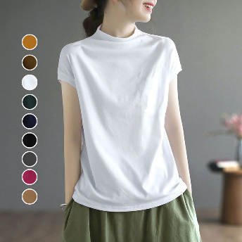 純棉文藝寬鬆顯瘦百搭半高領t恤短袖-HaloBless