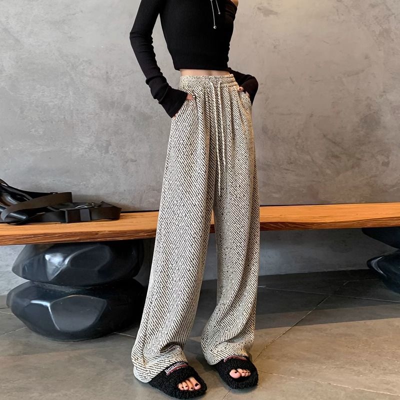 高腰垂感慵懶感亮絲刷毛休閒毛呢斜條紋闊腿褲