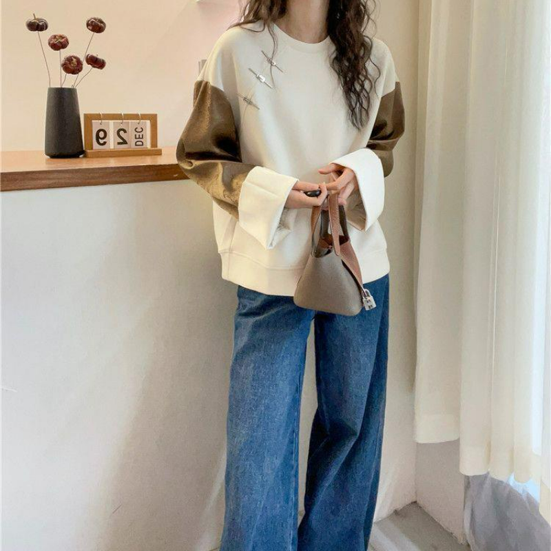 時尚拼接設計感圓領寬鬆休閒百搭長袖T恤-HaloBless