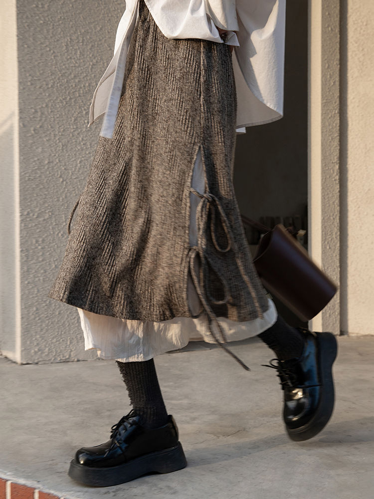 針織中長款a字裙高腰顯瘦復古輕熟裝肌理感拼色半身裙-HaloBless