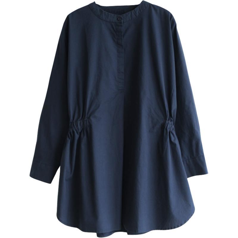 純棉寬鬆顯瘦圓領收腰時尚休閒復古襯衫-HaloBless