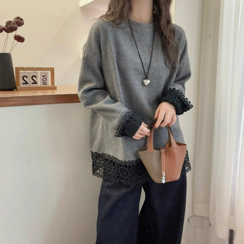 大碼雙面德絨蕾絲拼接寬鬆顯瘦長袖