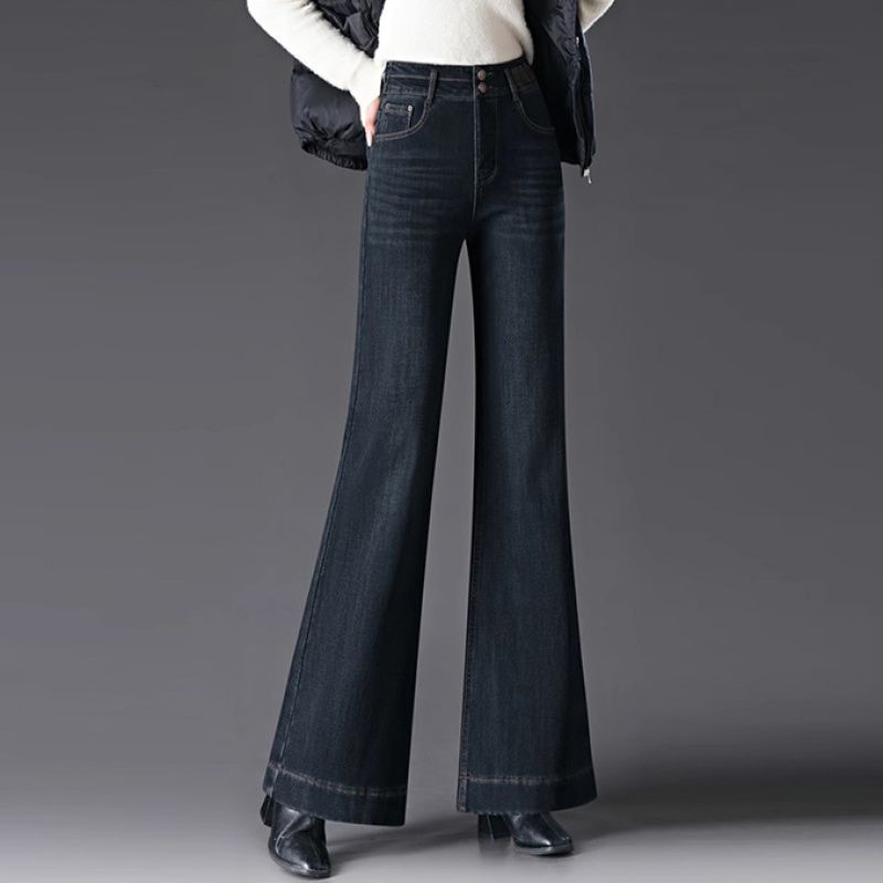 高腰顯瘦微喇刷毛加厚寬鬆休閒牛仔褲