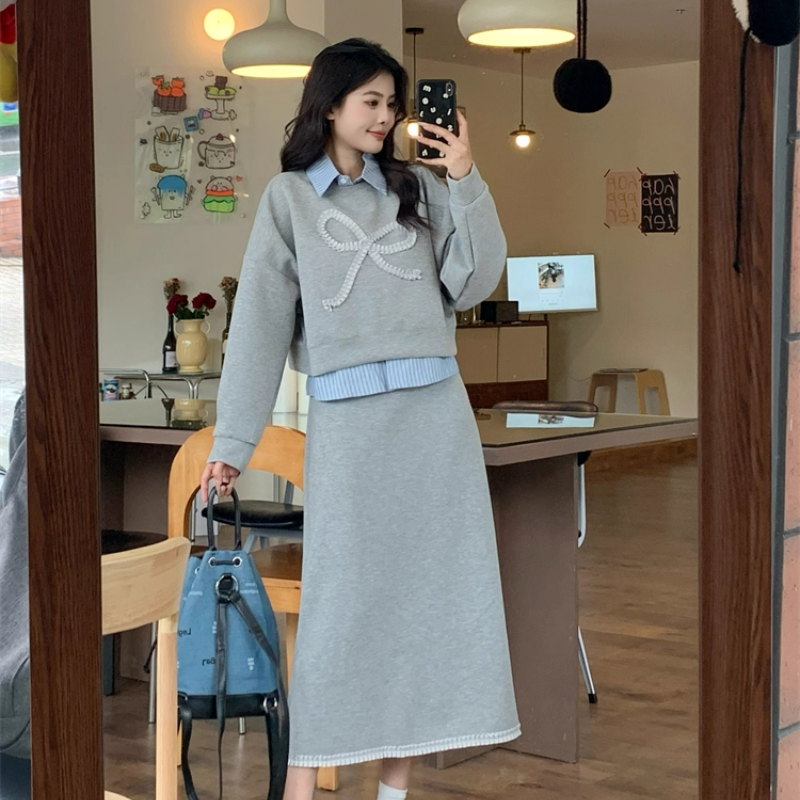 【整套】POLO領條紋拼接長袖衛衣+高腰包臀半裙兩件套裝-HaloBless