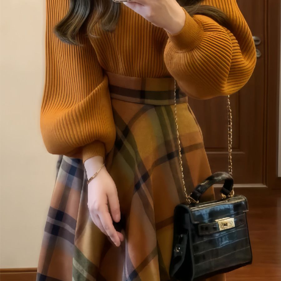 【單件/套裝】法式復古溫柔風氣質針織毛衣+格紋半身裙兩件套