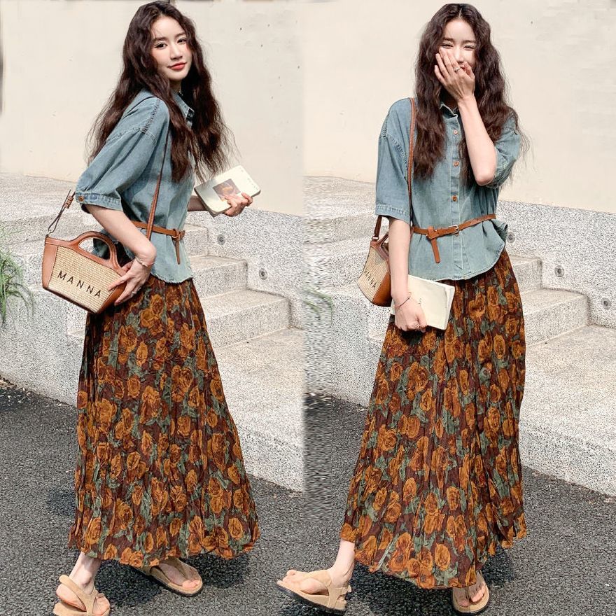 【單品/套裝】短袖牛仔襯衫碎花半身裙兩件套裝-HaloBless