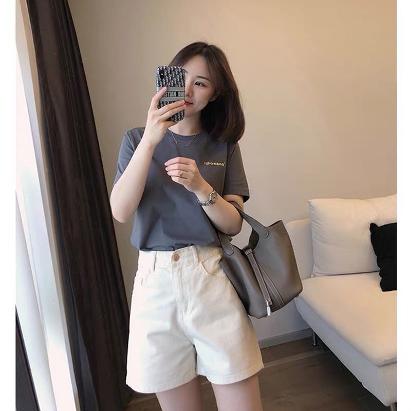 【單件/套裝】休閒百搭寬鬆時尚灰色短袖T恤+白色短褲兩件套裝