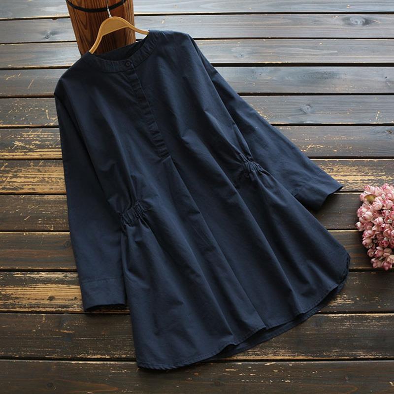 純棉寬鬆顯瘦圓領收腰時尚休閒復古襯衫-HaloBless