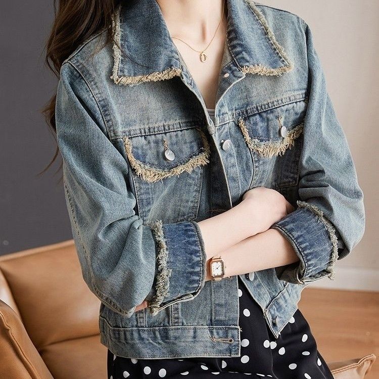 百搭設計感寬鬆顯瘦洋氣長袖毛邊牛仔外套-HaloBless