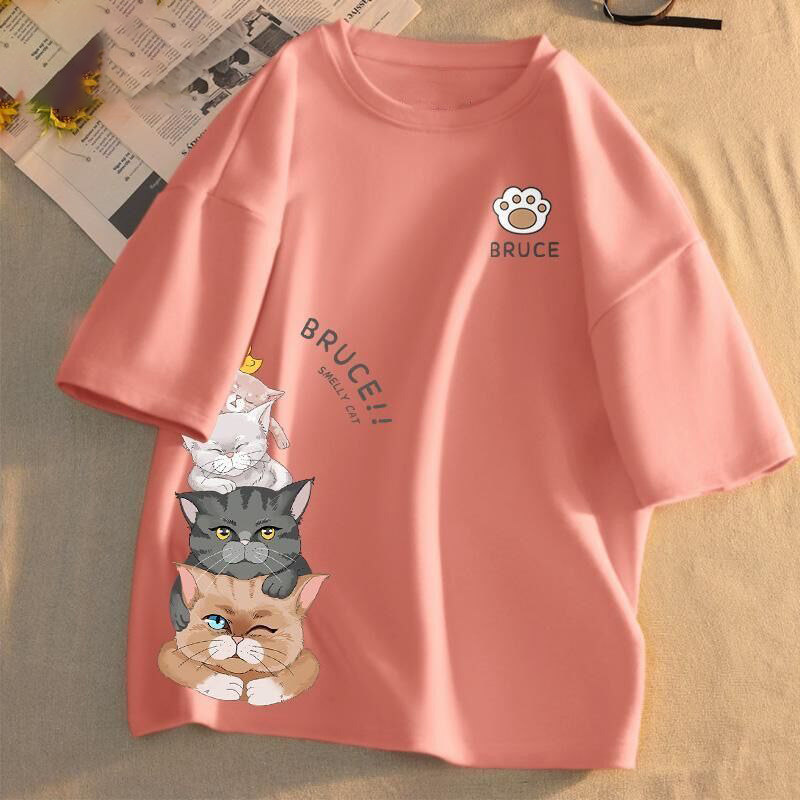 百搭情侶款可愛潮流貓咪印花短袖T恤-HaloBless