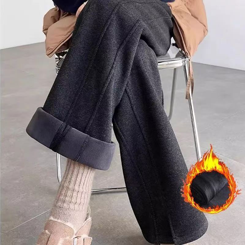 人字紋刷毛闊腿毛呢開叉直筒窄版香蕉褲