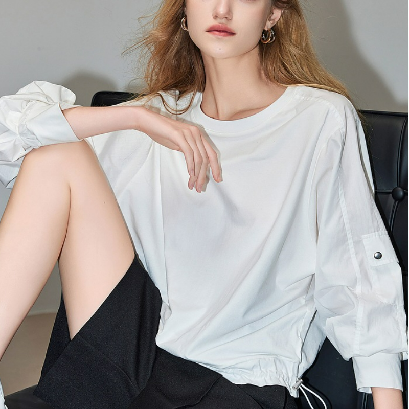 簡約風設計感時尚拼接下擺鬆緊襯衫-HaloBless