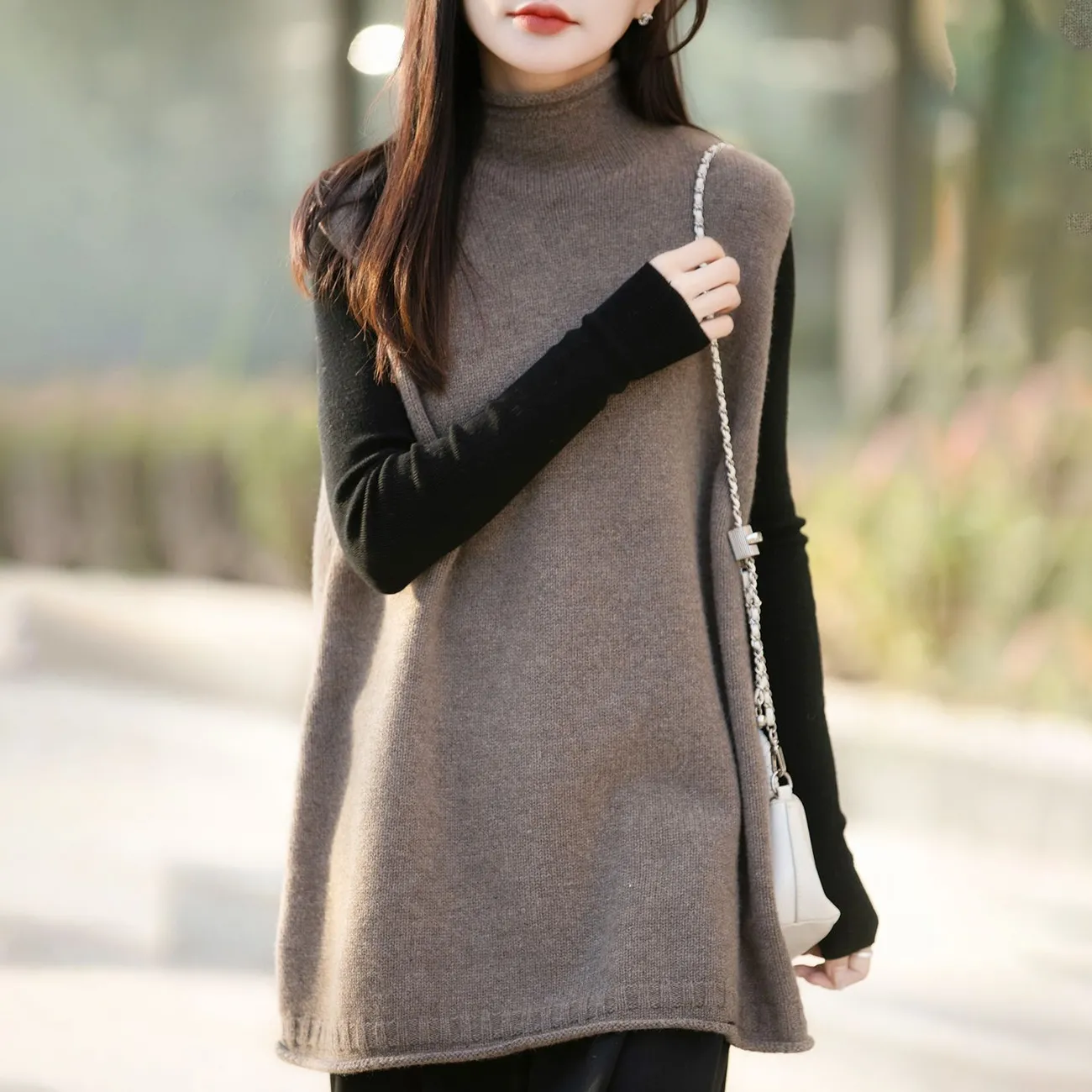 半高領中長版寬鬆背心坎肩羊毛針織馬甲