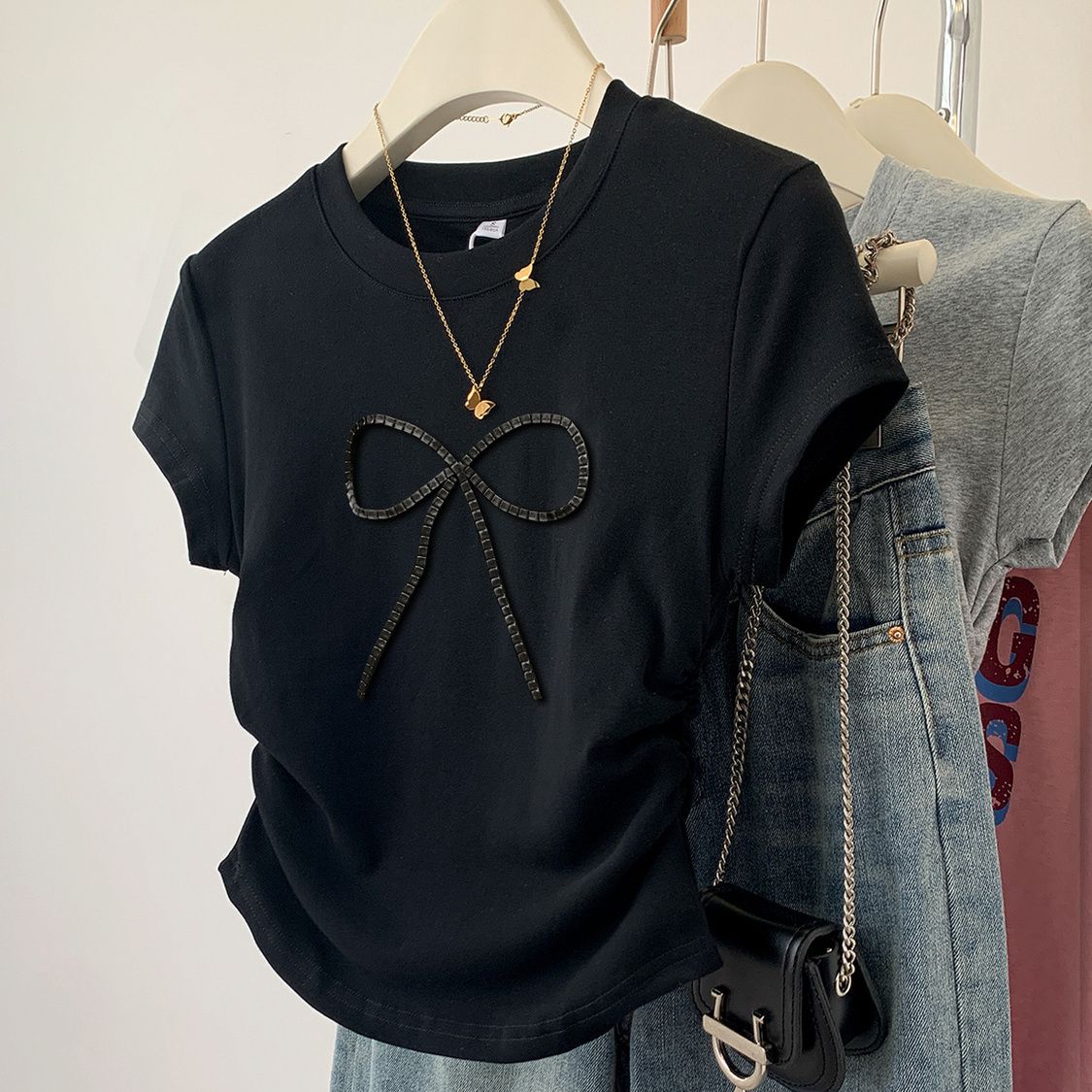 百搭純棉立體蝴蝶結修身顯瘦短袖T恤-HaloBless