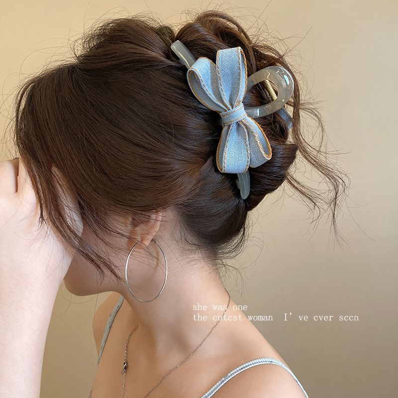 时尚牛仔蓝高级感鲨鱼夹蝴蝶结抓夹-HaloBless
