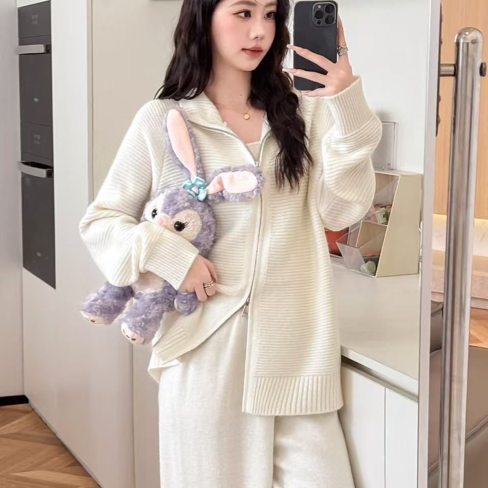 【整套】韓系拉鏈翻領針織衫+休閒闊腿褲兩件套